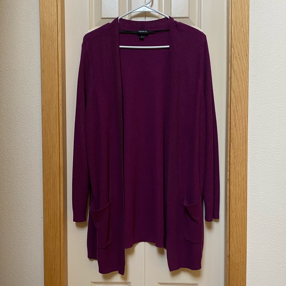 Torrid Plum Rib Knit Open Front Cardigan With Pockets